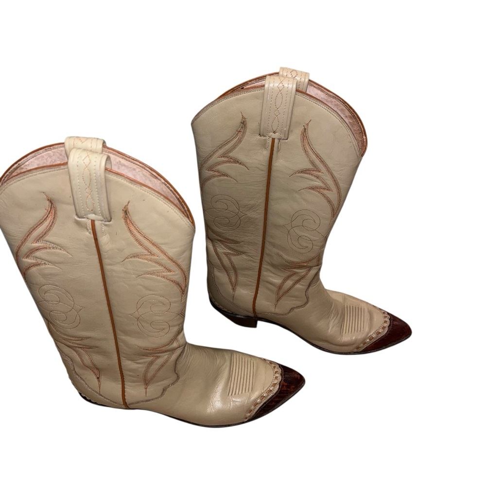 Tony Lama 61000 Cream Leather Cowboy Boots Snip Toe Women 8.5 M vintage western